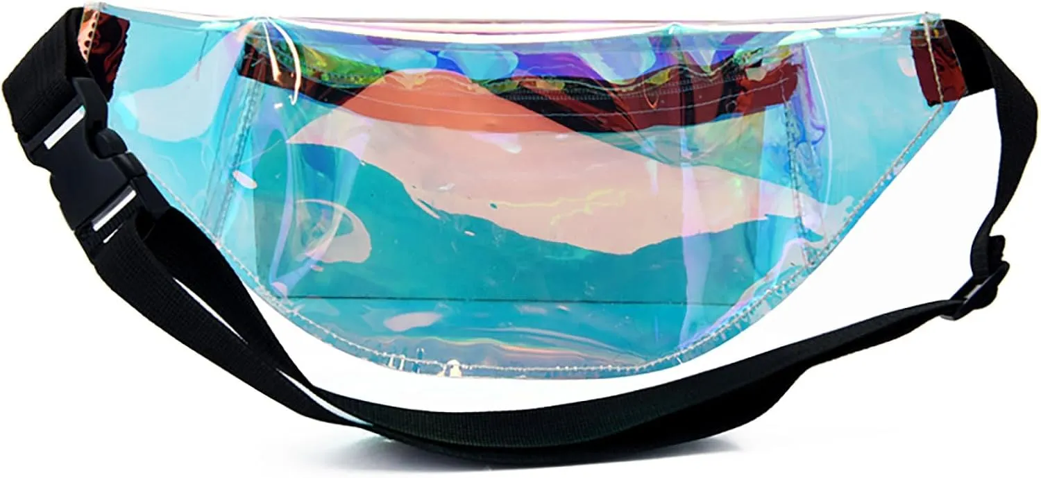 Clear Holographic Fanny Pack Stadium Approved for Women Men Crossbody Shiny Fashion Belt Bag Waterproof Waist Packs with Adjustable Belt for Sports Concerts Festival Trip