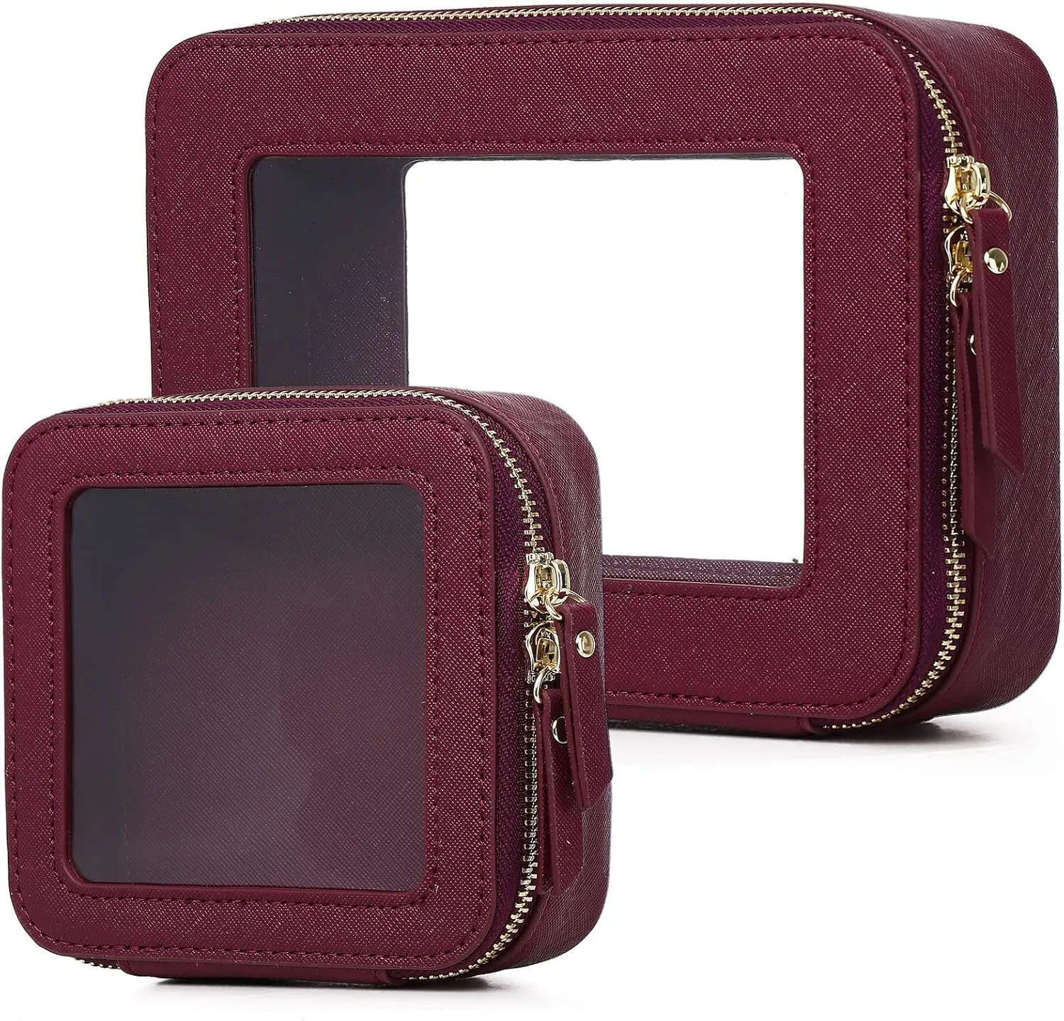 Clear Makeup Bag Set Travel Cosmetic Bag and Toiletry Bag Women's Purse Pouch Cosmetic Stroage Organizer Case with Zipper Car Essentials (Burgundy, M Mini)
