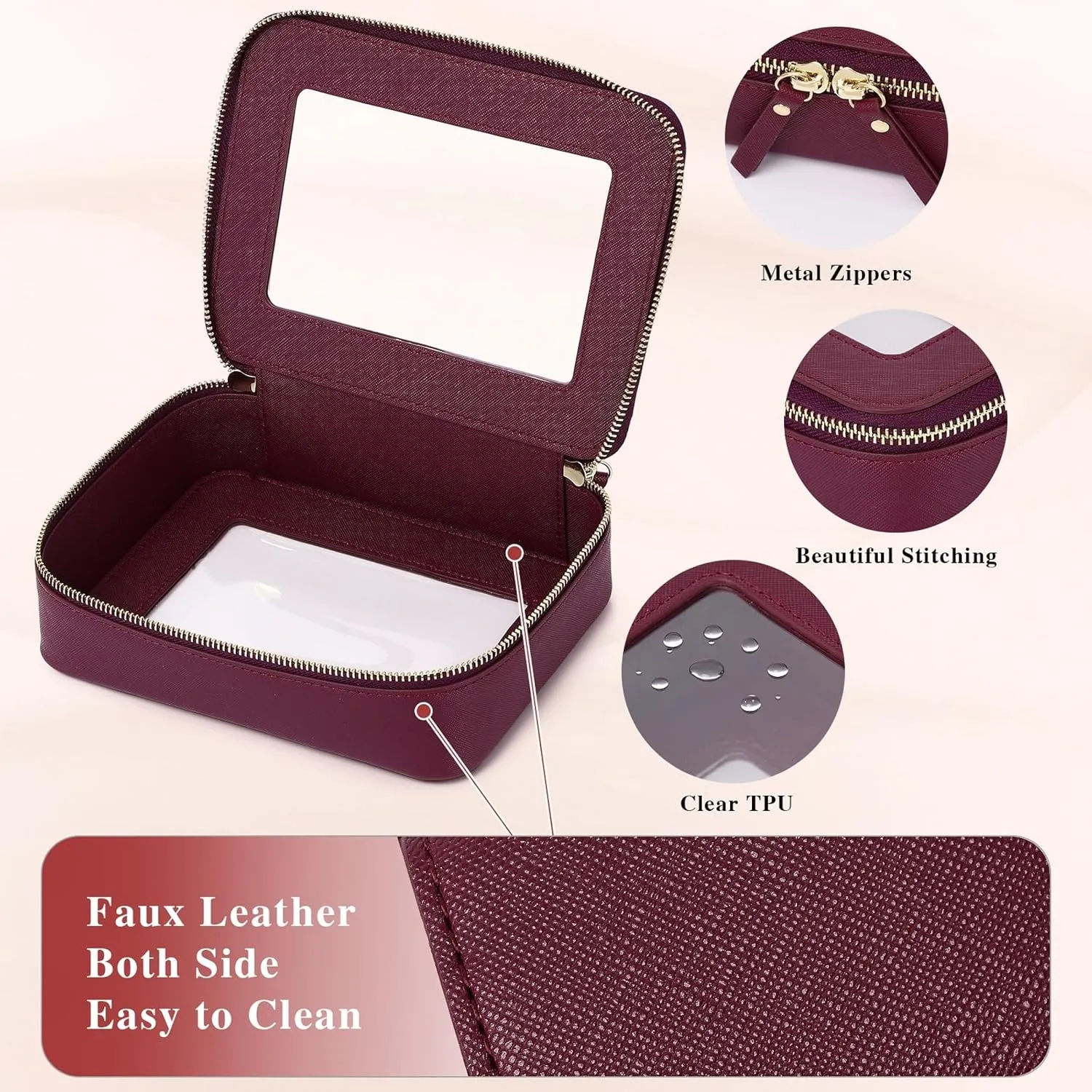 Clear Makeup Bag Set Travel Cosmetic Bag and Toiletry Bag Women's Purse Pouch Cosmetic Stroage Organizer Case with Zipper Car Essentials (Burgundy, M Mini)