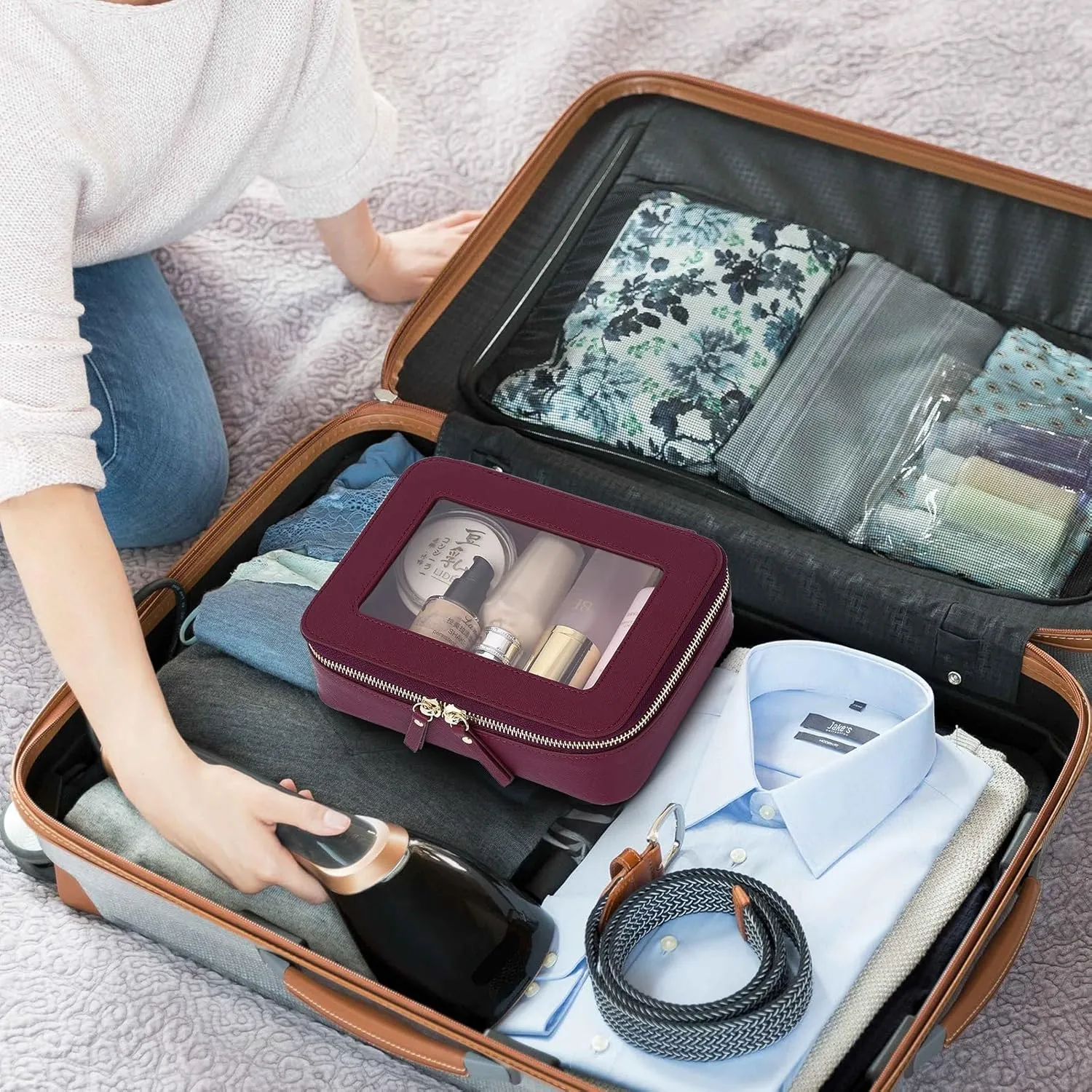 Clear Makeup Bag Set Travel Cosmetic Bag and Toiletry Bag Women's Purse Pouch Cosmetic Stroage Organizer Case with Zipper Car Essentials (Burgundy, M Mini)