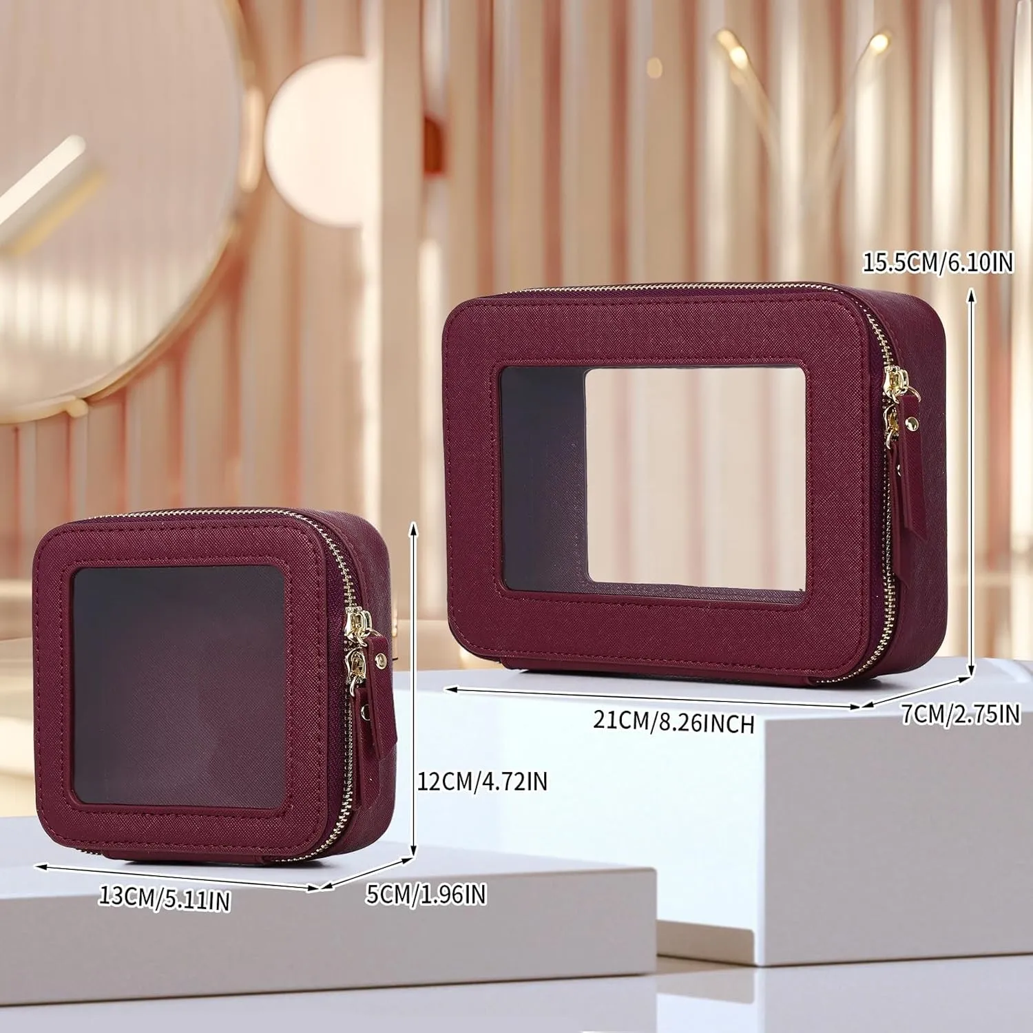 Clear Makeup Bag Set Travel Cosmetic Bag and Toiletry Bag Women's Purse Pouch Cosmetic Stroage Organizer Case with Zipper Car Essentials (Burgundy, M Mini)