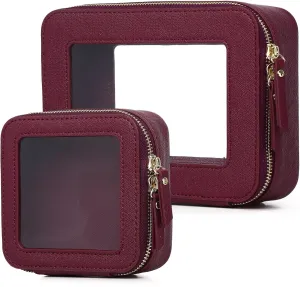 Clear Makeup Bag Set Travel Cosmetic Bag and Toiletry Bag Women's Purse Pouch Cosmetic Stroage Organizer Case with Zipper Car Essentials (Burgundy, M Mini)