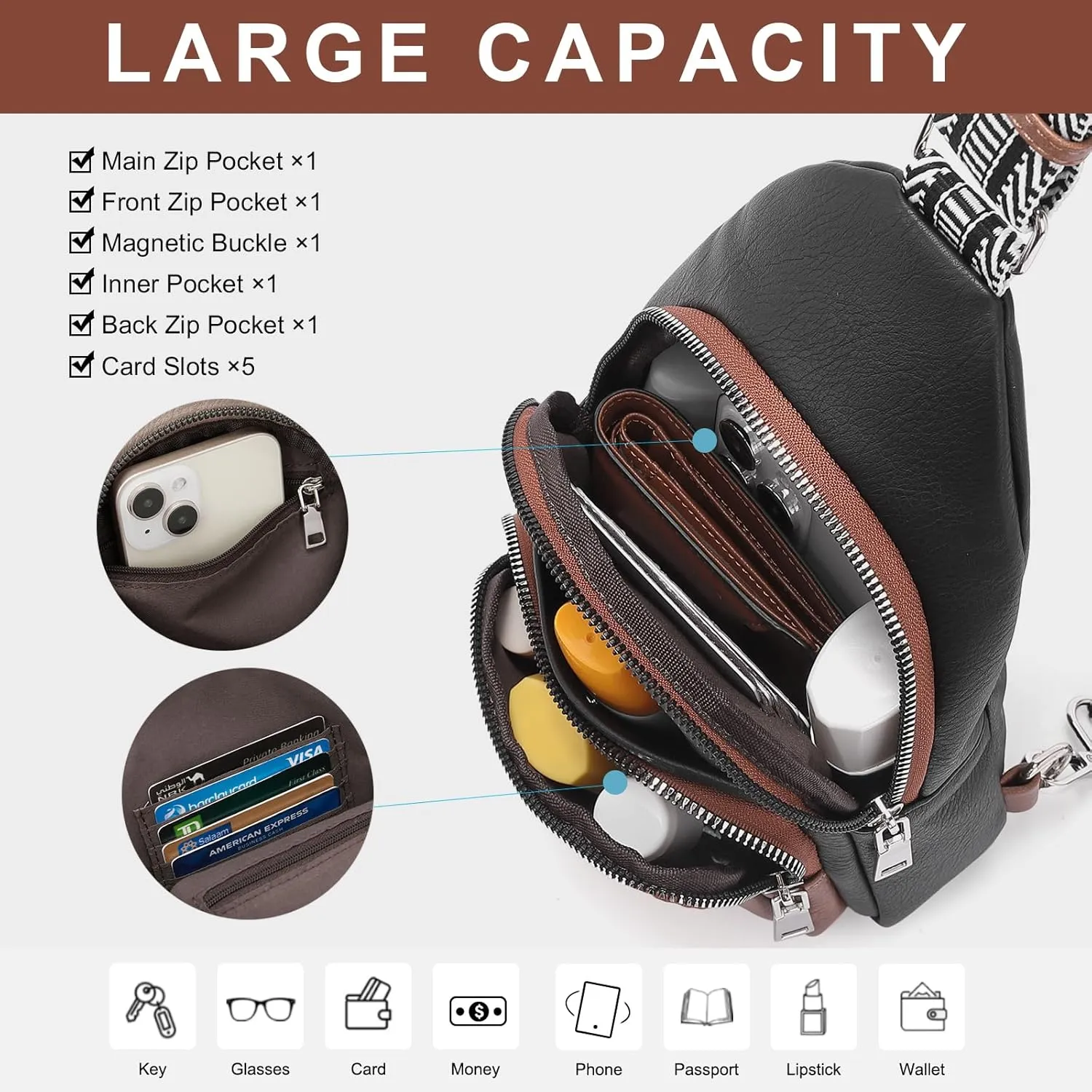 CLUCI Small Sling Bag for Women, Vegan Leather Fanny Pack Crossbody Bags for Women, Chest Bag With Guitar Strap