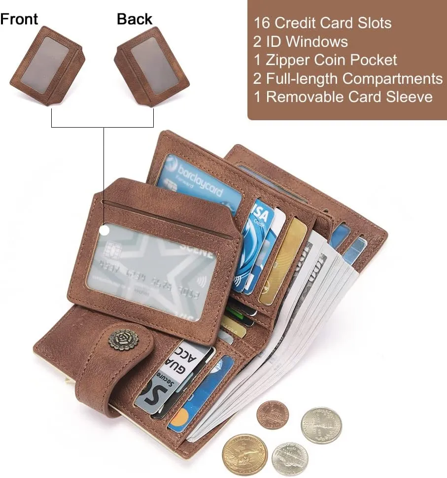 CLUCI Small Wallets for Women RFID Blocking Leather Trifold Compact Credit Card Holder with ID Window Ladies Zipper Coin Purse Beige with Brown