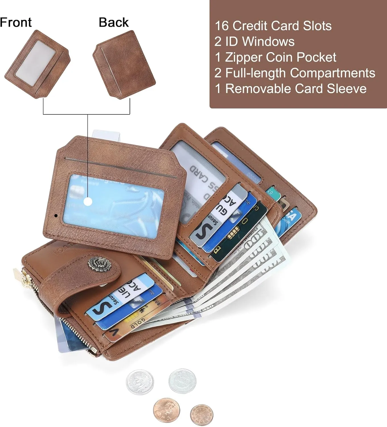 CLUCI Small Wallets for Women RFID Blocking Leather Trifold Compact Credit Card Holder with ID Window Ladies Zipper Coin Purse Beige with Brown