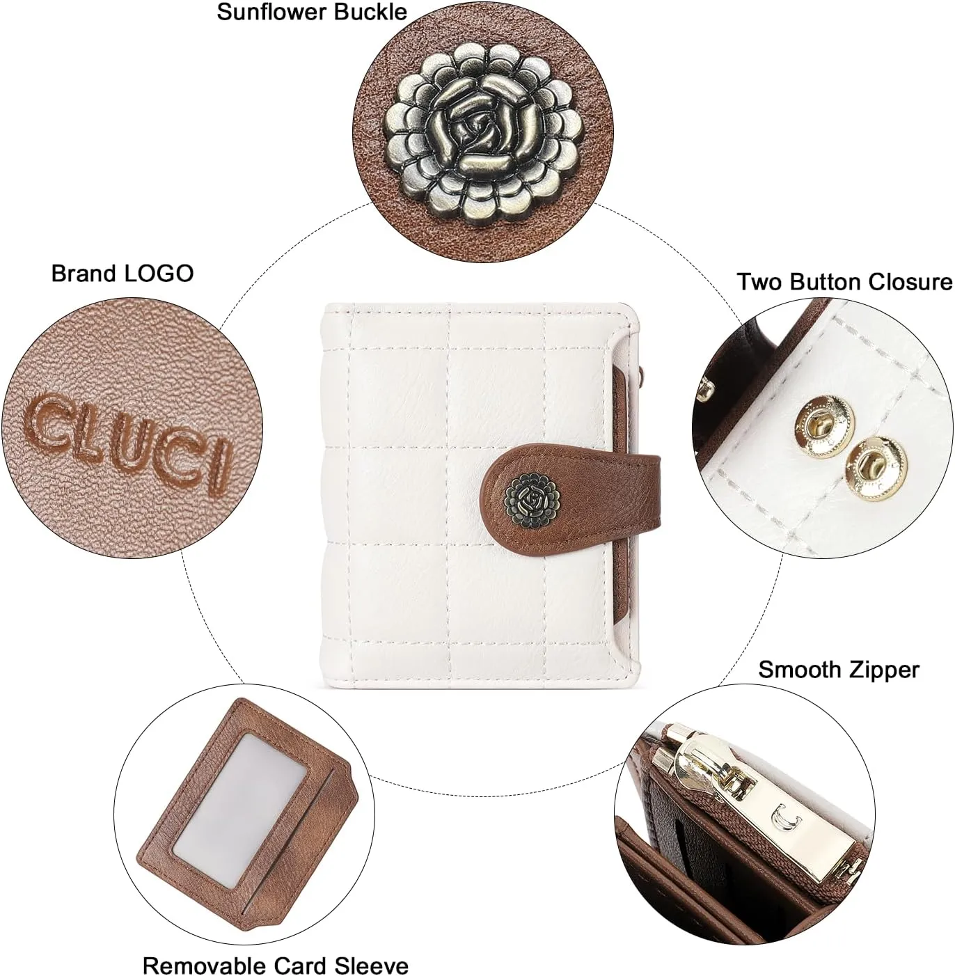 CLUCI Small Wallets for Women RFID Blocking Leather Trifold Compact Credit Card Holder with ID Window Ladies Zipper Coin Purse Beige with Brown