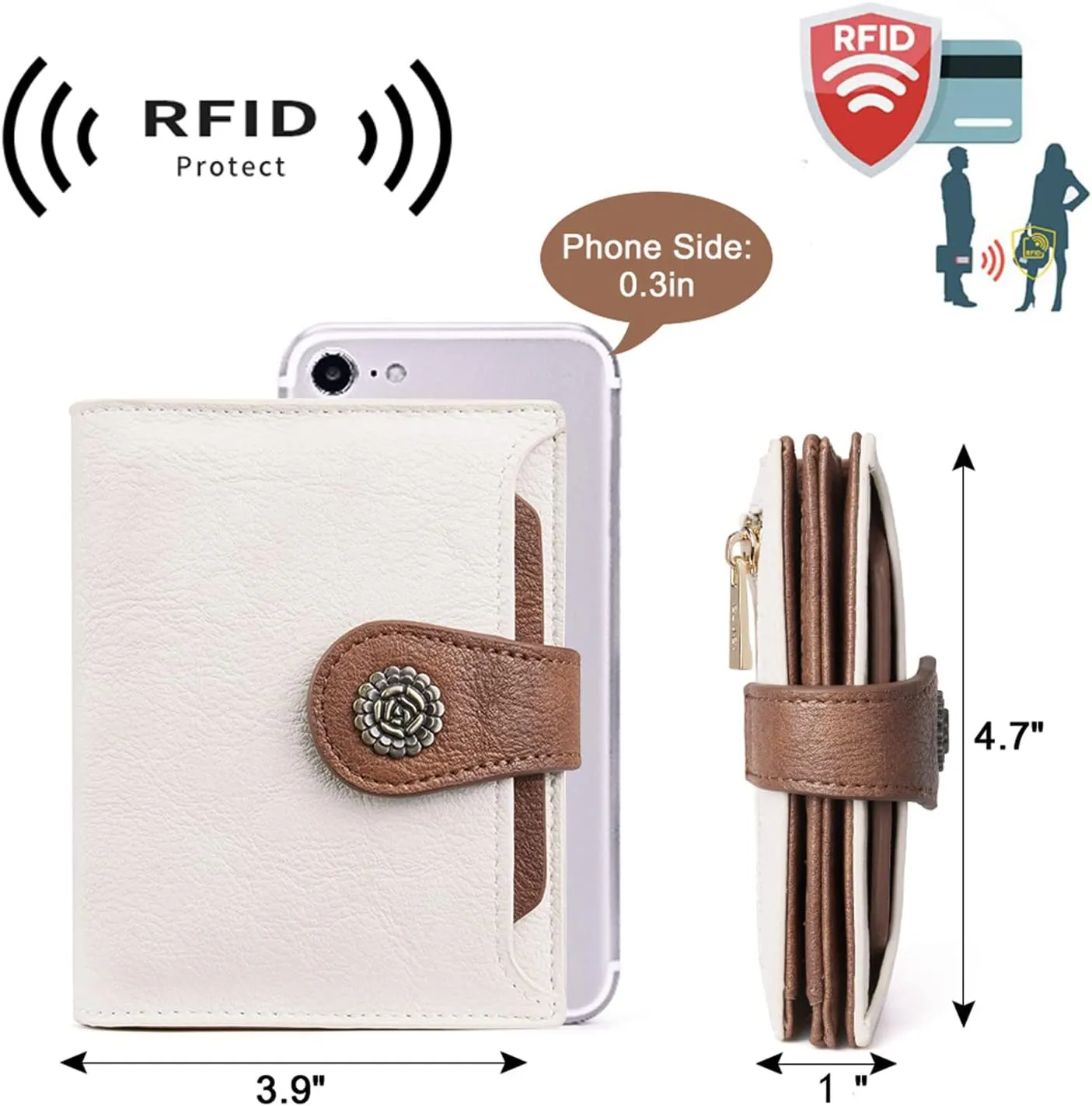 CLUCI Small Wallets for Women RFID Blocking Leather Trifold Compact Credit Card Holder with ID Window Ladies Zipper Coin Purse Beige with Brown