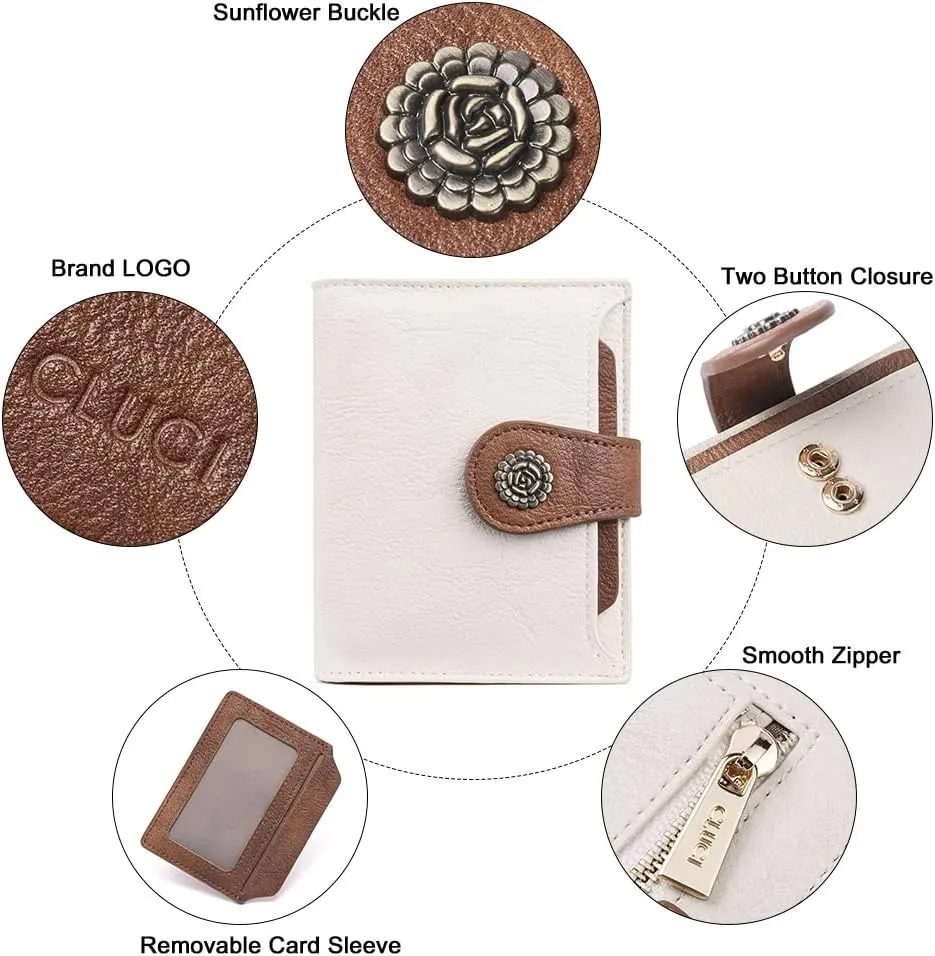 CLUCI Small Wallets for Women RFID Blocking Leather Trifold Compact Credit Card Holder with ID Window Ladies Zipper Coin Purse Beige with Brown