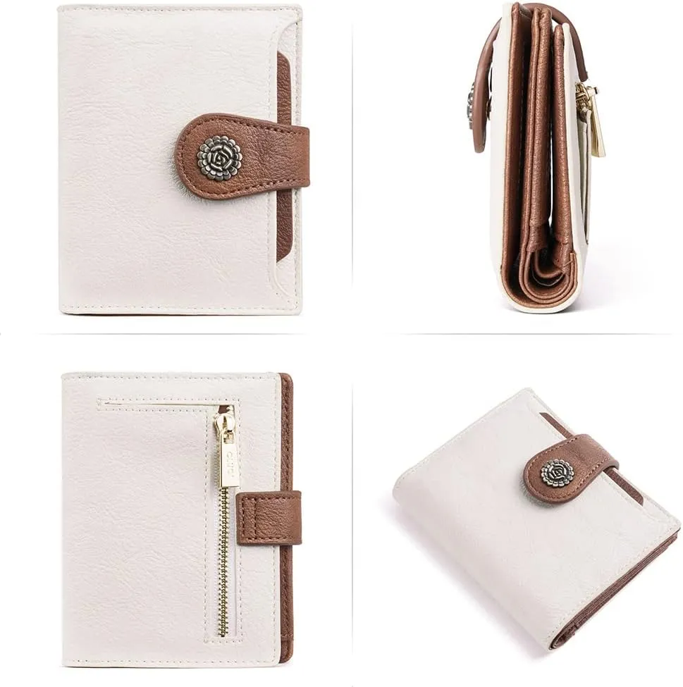 CLUCI Small Wallets for Women RFID Blocking Leather Trifold Compact Credit Card Holder with ID Window Ladies Zipper Coin Purse Beige with Brown
