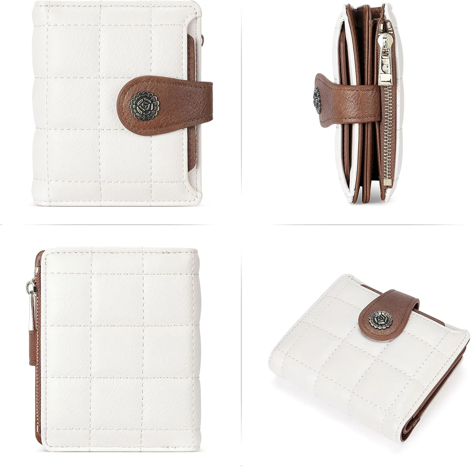 CLUCI Small Wallets for Women RFID Blocking Leather Trifold Compact Credit Card Holder with ID Window Ladies Zipper Coin Purse Beige with Brown