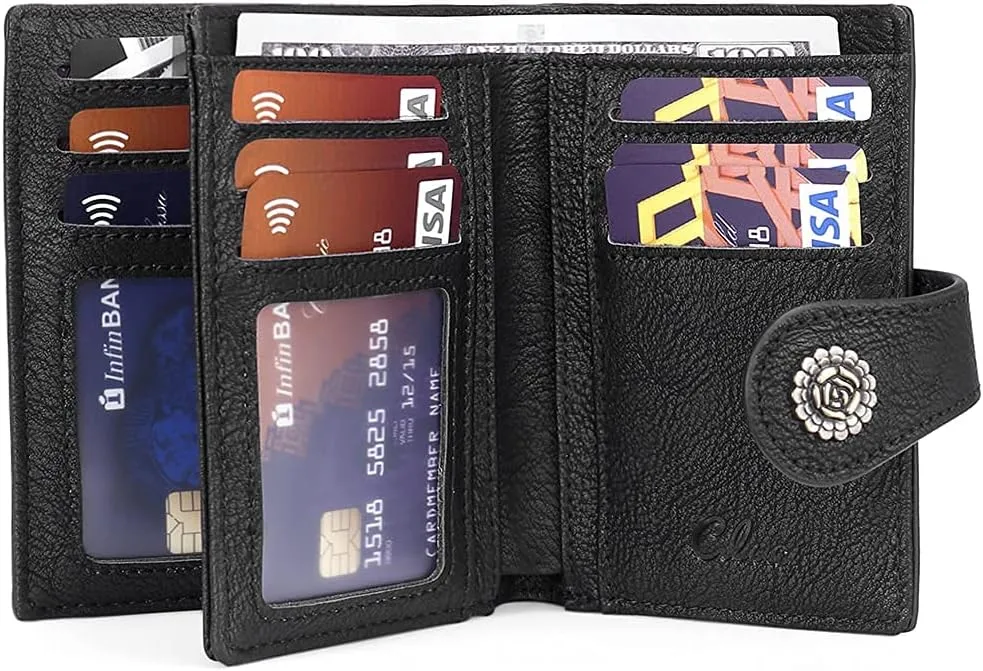 CLUCI Small Wallets for Women RFID Blocking Leather Trifold Compact Credit Card Holder with ID Window Ladies Zipper Coin Purse Black