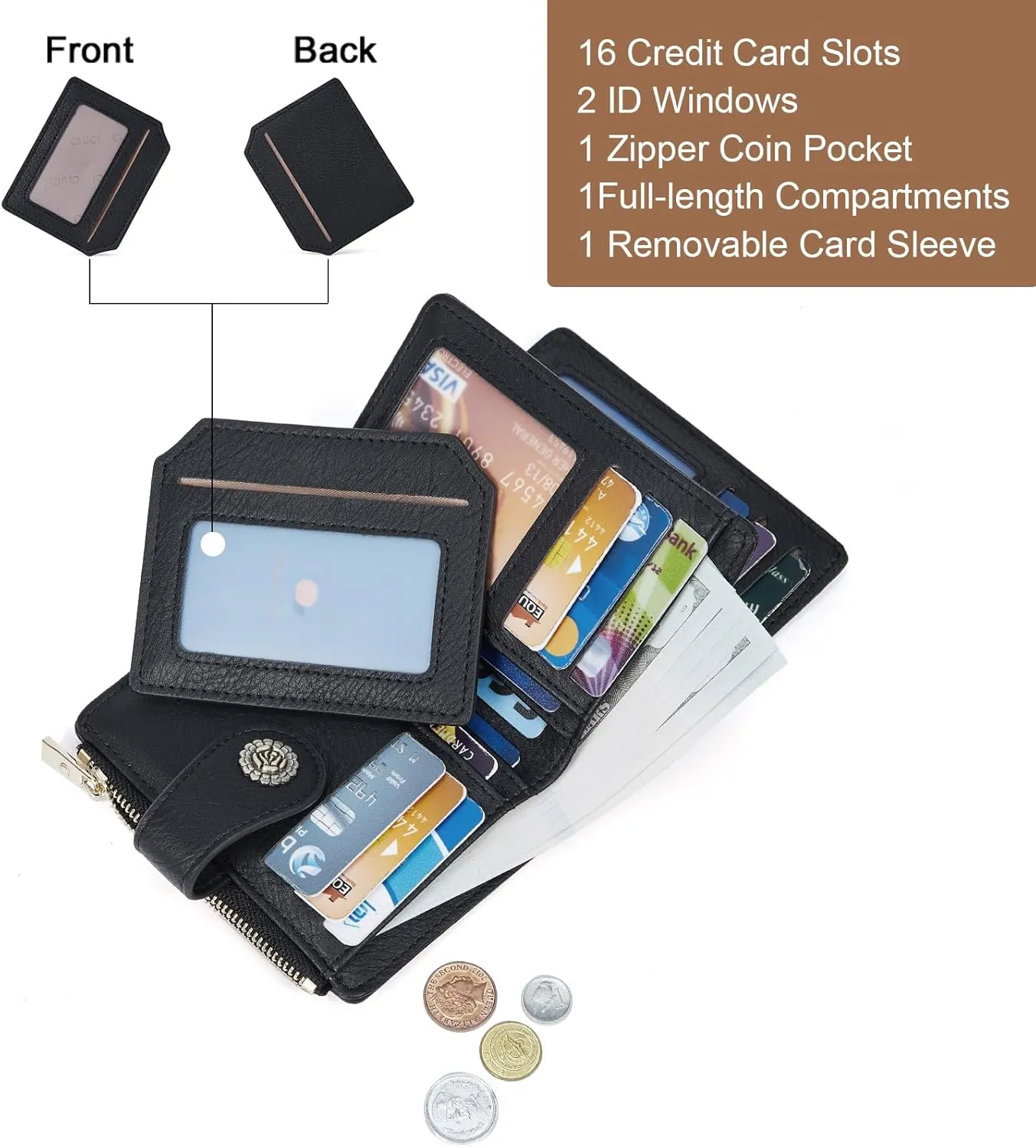 CLUCI Small Wallets for Women RFID Blocking Leather Trifold Compact Credit Card Holder with ID Window Ladies Zipper Coin Purse Black