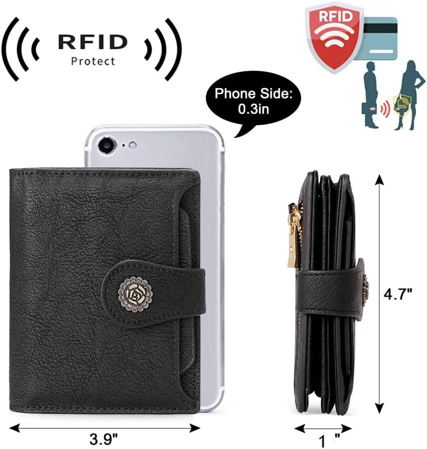 CLUCI Small Wallets for Women RFID Blocking Leather Trifold Compact Credit Card Holder with ID Window Ladies Zipper Coin Purse Black