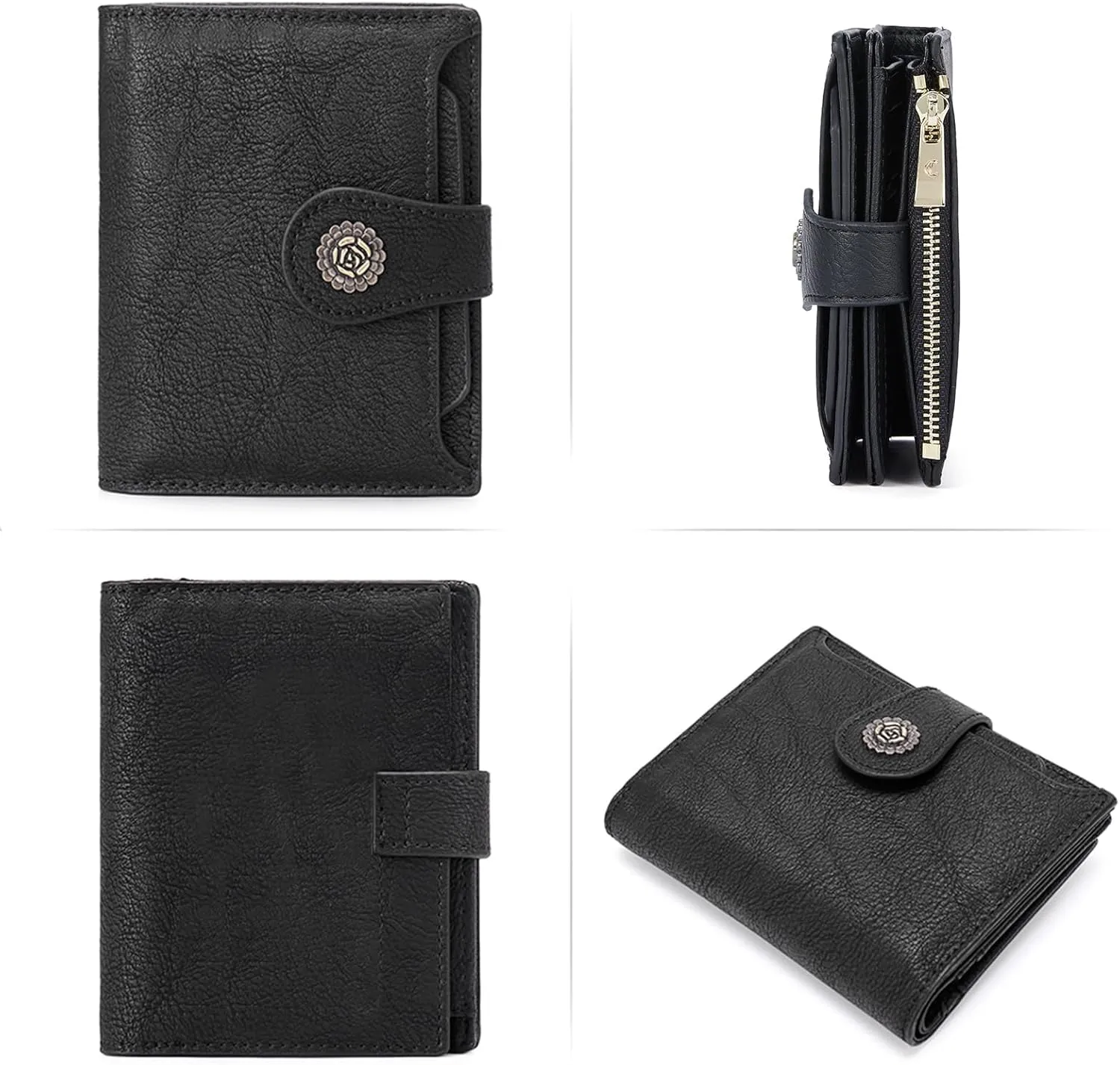 CLUCI Small Wallets for Women RFID Blocking Leather Trifold Compact Credit Card Holder with ID Window Ladies Zipper Coin Purse Black
