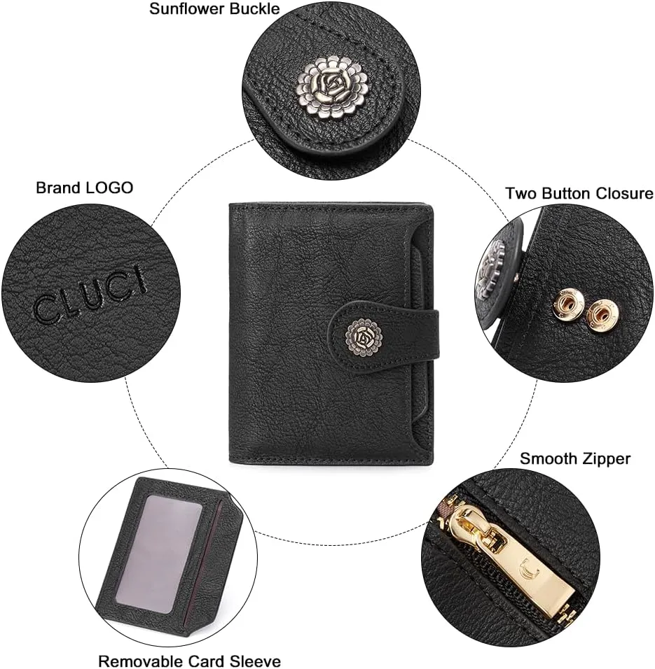 CLUCI Small Wallets for Women RFID Blocking Leather Trifold Compact Credit Card Holder with ID Window Ladies Zipper Coin Purse Black