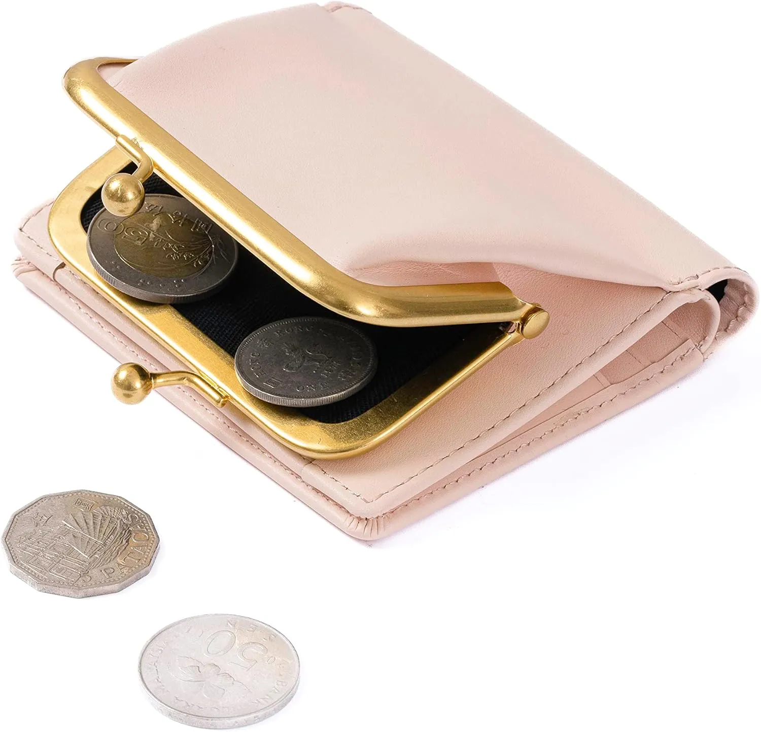 Cockatoo Womens Wallet, Nappa Leather Bifold Small Ladies Purse with Kiss-Lock Coin Pocket and ID Window (Pearl Pink)