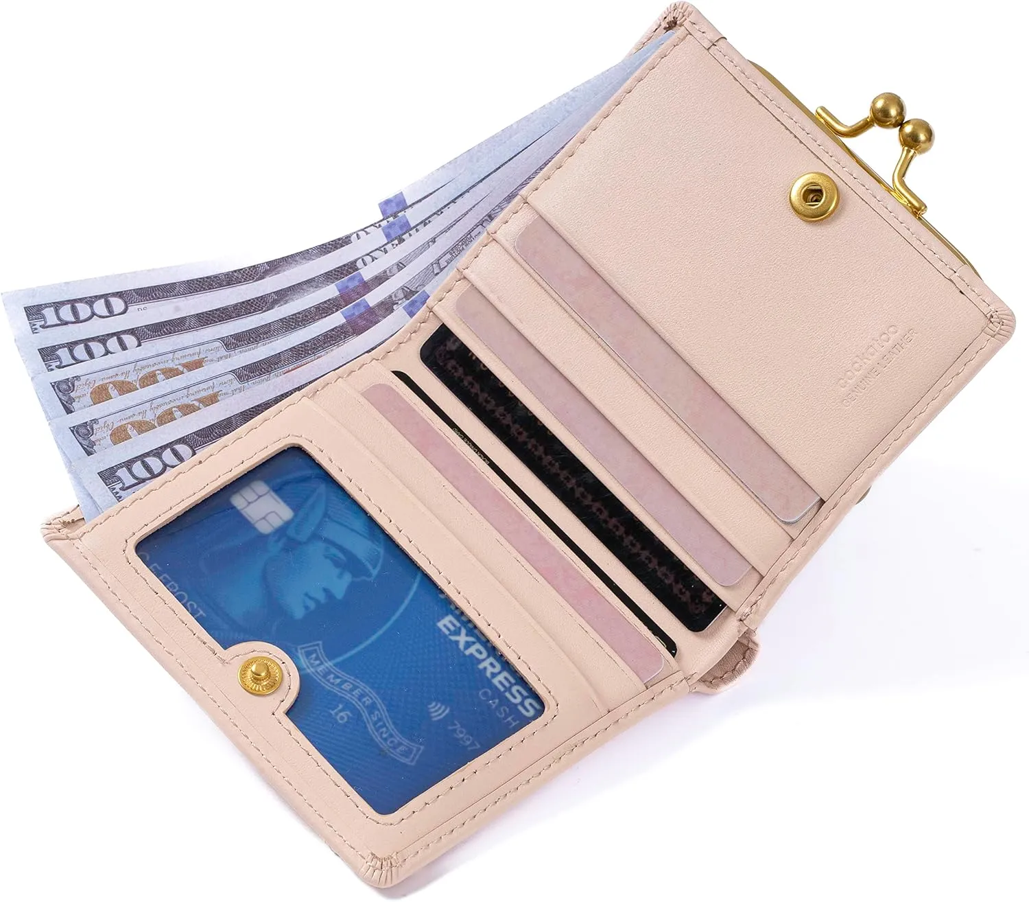 Cockatoo Womens Wallet, Nappa Leather Bifold Small Ladies Purse with Kiss-Lock Coin Pocket and ID Window (Pearl Pink)