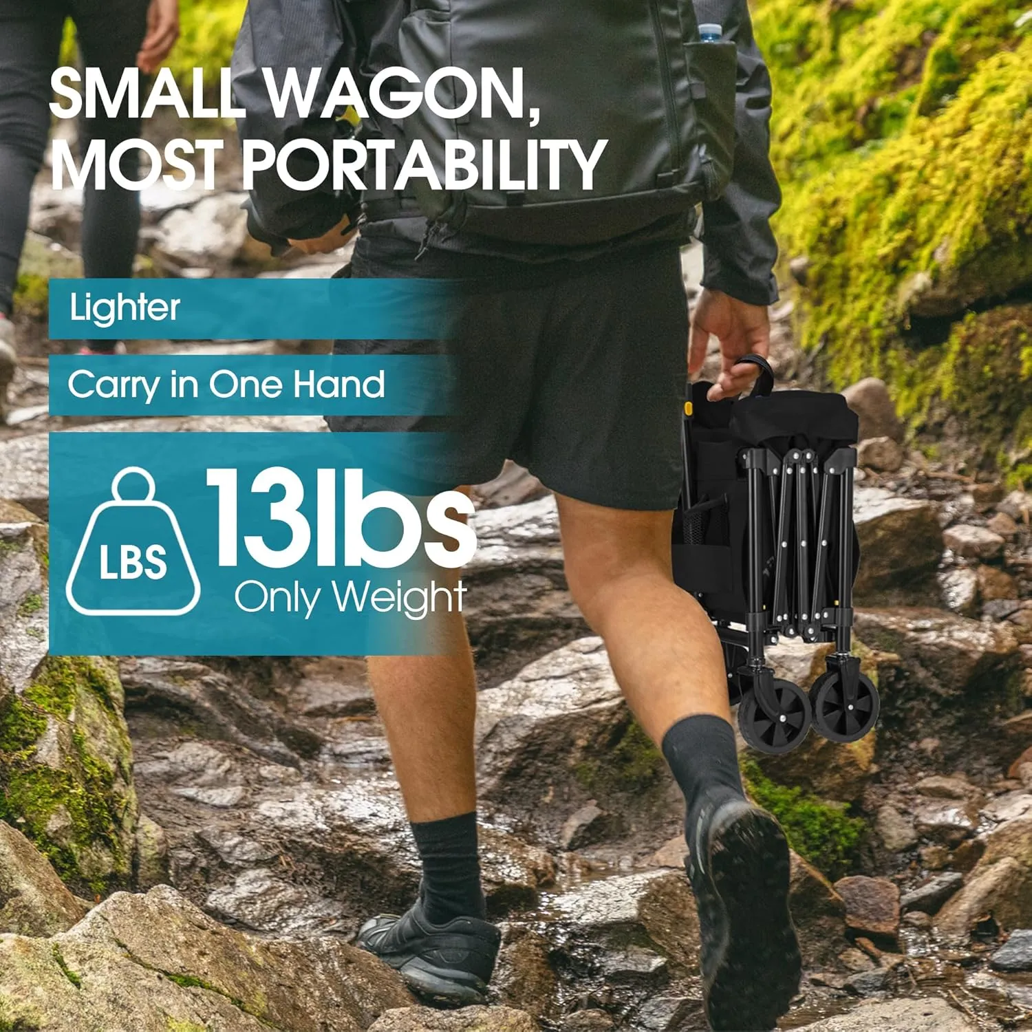 Collapsible Foldable Wagon with Wheels 360 LBS,Heavy Duty Folding Utility Cart for Groceries,Shopping,Garden,Camping,Outdoor,2 Drink Holders,Black