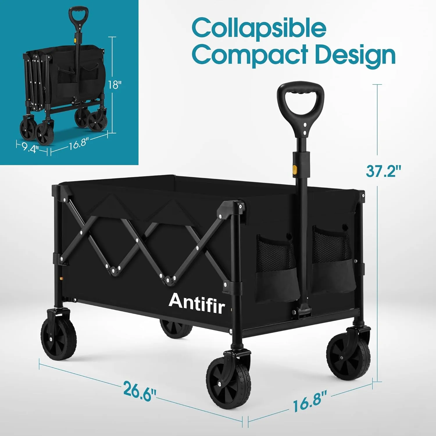 Collapsible Foldable Wagon with Wheels 360 LBS,Heavy Duty Folding Utility Cart for Groceries,Shopping,Garden,Camping,Outdoor,2 Drink Holders,Black