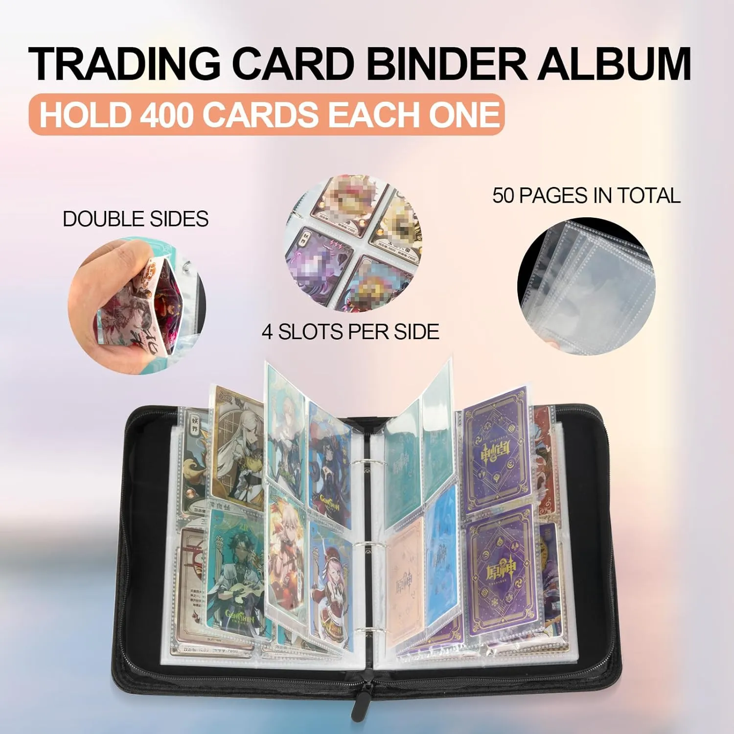 Collectible Trading Card Albums,4 Pocket Card Binder, 400 Double Sided Pocket PU Premium Zip Trading Collection Binder, Card Folder forTCG, Sports Cards (Black)