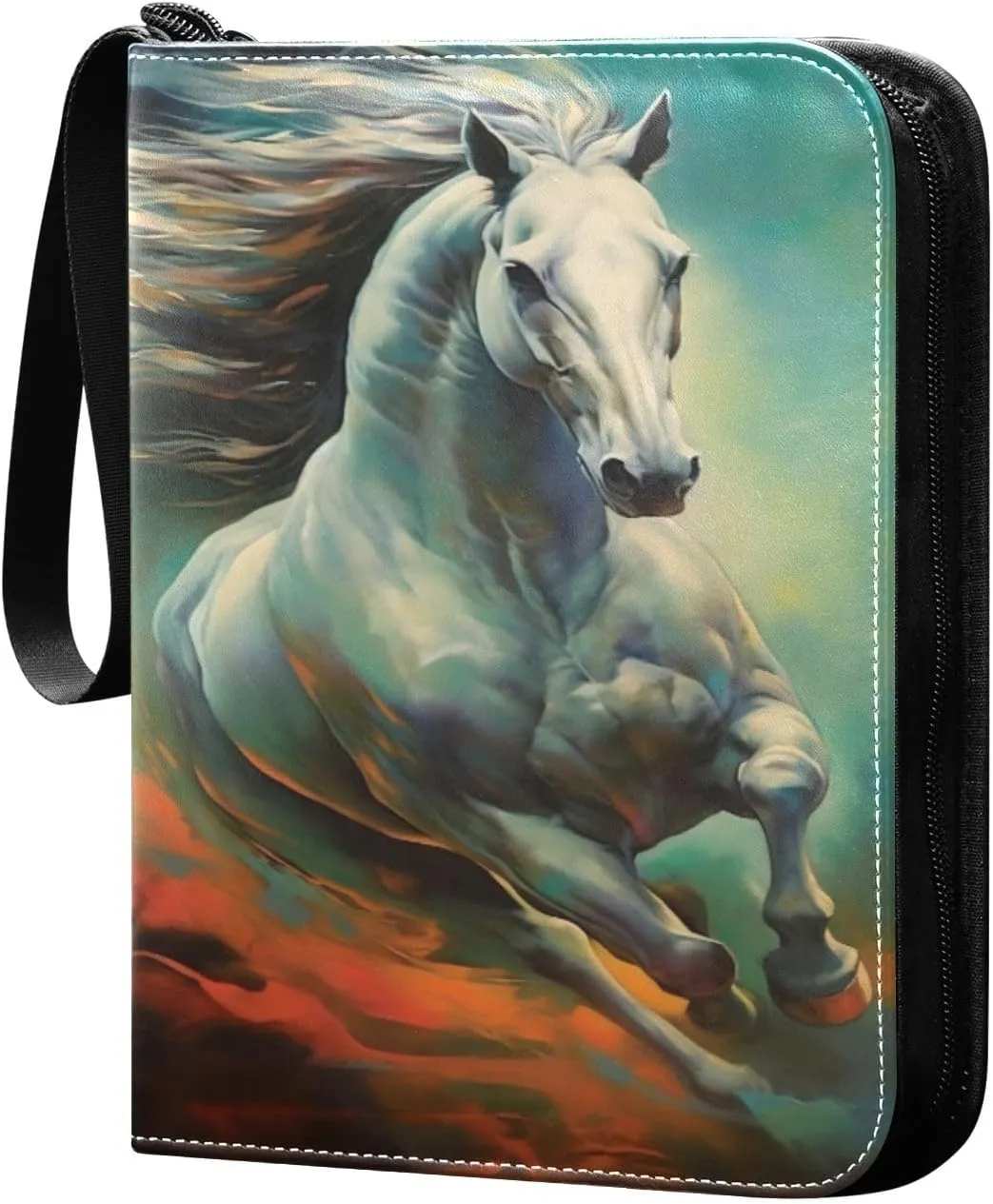 Color Horse Painting Card Binder 4-Pocket, 400 Pockets Card Holder with 50 Removable Sleeves and Zipper for Games Baseball Football Sports Card