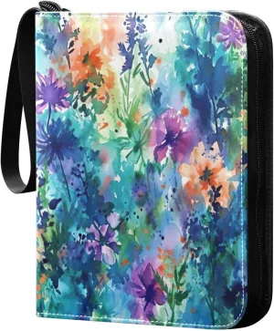 Colorful Abstract Flowers Card Binder 4-Pocket, 400 Pockets Card Holder with 50 Removable Sleeves and Zipper for Games Baseball Football Sports Card