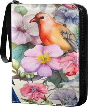 Colorful Birds Flowers Card Binder 4-Pocket, 400 Pockets Trading Cards Holder Games Card Albums Storage Organizer Case for Football, Baseball Cards