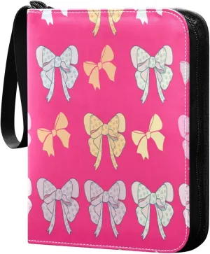 Colorful Bows Pink Trading Card Binder with Sleeves PU Leather Holds 400 Cards,Double Sided Trading Card Folder with Zipper Collection Binder Album Book Case for Boys Girls
