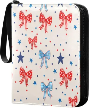 Colorful Bows Stars Trading Card Binder with Sleeves PU Leather Holds 400 Cards,Double Sided Trading Card Folder with Zipper Collection Binder Album Book Case for Boys Girls