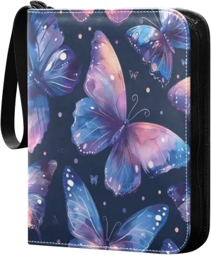 Colorful Butterflies Card Binder 4-Pocket, 400 Pockets Card Holder with 50 Removable Sleeves and Zipper for Games Baseball Football Sports Card