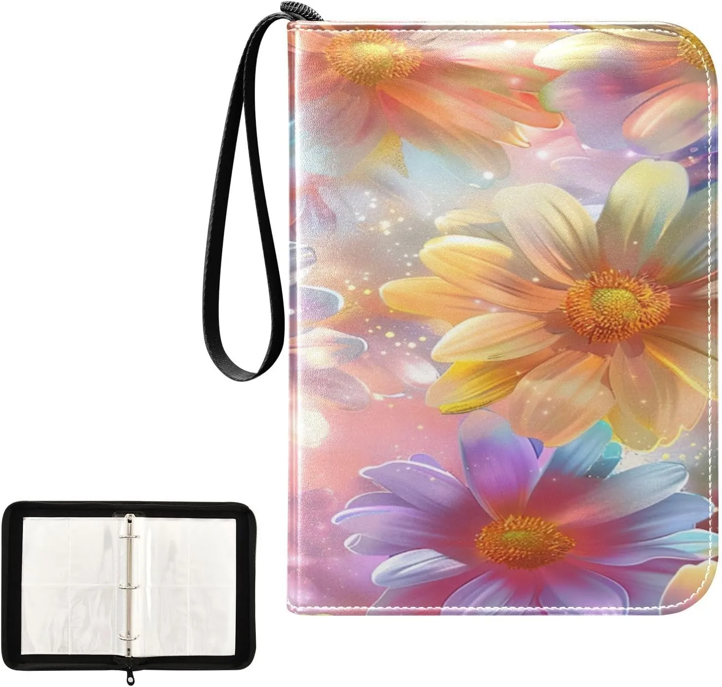Colorful Daisies Collectible Trading Card Albums, Waterproof PU Card Collection Binder Fits 400 Cards with Removable Sleeves for Baseball Card, Football Card