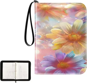 Colorful Daisies Collectible Trading Card Albums, Waterproof PU Card Collection Binder Fits 400 Cards with Removable Sleeves for Baseball Card, Football Card