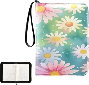 Colorful Daisy Collectible Trading Card Albums, Waterproof PU Card Collection Binder Fits 400 Cards with Removable Sleeves for Baseball Card, Football Card