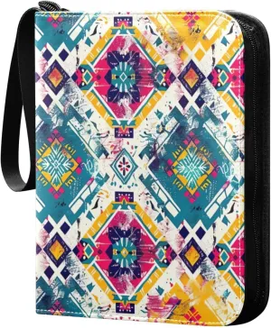 Colorful Ethnic Pattern Card Binder 4-Pocket, 400 Pockets Card Holder with 50 Removable Sleeves and Zipper for Games Baseball Football Sports Card