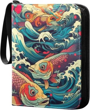 Colorful Fish Waves Card Binder 4-Pocket, 400 Pockets Card Holder with 50 Removable Sleeves and Zipper for Games Baseball Football Sports Card