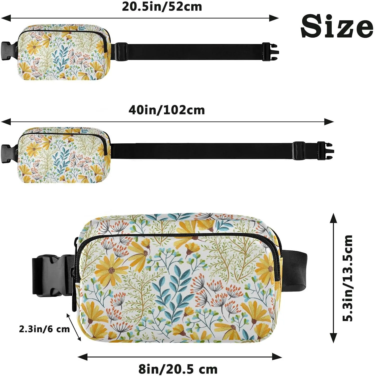 Colorful Floral Flowers Seamless on White Yellow Pattern Adjustable Belt Running Bag, Crossbody Fanny Pack Waist Runners Bag Tote for Women Men Sports Hiking Fitness Exercise Gym Pouch