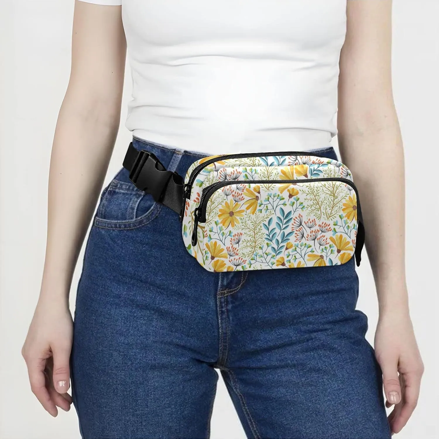 Colorful Floral Flowers Seamless on White Yellow Pattern Adjustable Belt Running Bag, Crossbody Fanny Pack Waist Runners Bag Tote for Women Men Sports Hiking Fitness Exercise Gym Pouch
