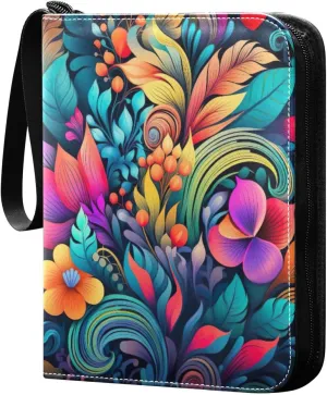Colorful Floral Pattern Card Binder 4-Pocket, 400 Pockets Card Holder with 50 Removable Sleeves and Zipper for Games Baseball Football Sports Card