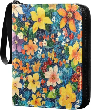 Colorful Flowers Card Binder 4-Pocket, 400 Pockets Card Holder with 50 Removable Sleeves and Zipper for Games Baseball Football Sports Card