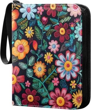 Colorful Flowers Card Binder 4-Pocket, 400 Pockets Card Holder with 50 Removable Sleeves and Zipper for Games Baseball Football Sports Card