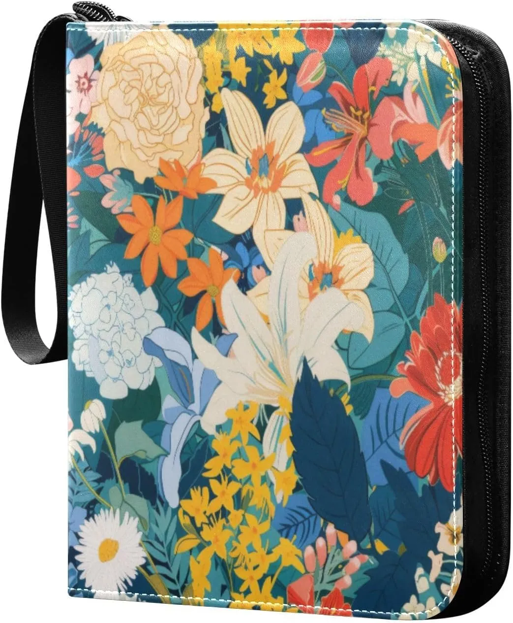 Colorful Flowers Card Binder 4-Pocket, 400 Pockets Trading Cards Holder Games Card Albums Storage Organizer Case for Football, Baseball Cards