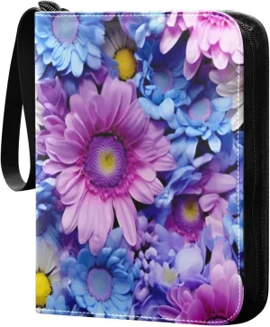 Colorful Flowers Card Binder with 50 Removable Page Sleeves PU Leather Collectible Trading Card Albums Book with Zipper for Games Card,Baseball Cards