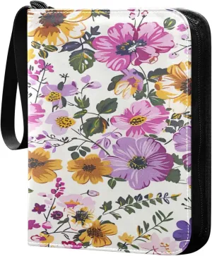 Colorful Flowers Collectible Trading Card Albums,4-Pocket Card Binder with 50 Removable Sleeves with Zipper Game Card Collection Binder Album Holder
