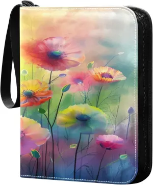 Colorful Flowers Painting Card Binder 4-Pocket, 400 Pockets Trading Cards Holder Games Card Albums Storage Organizer Case for Football, Baseball Cards