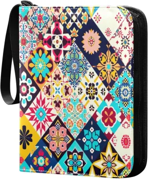 Colorful Geometric Pattern Card Binder with 50 Removable Page Sleeves PU Leather Collectible Trading Card Albums Book with Zipper for Games Card,Baseball Cards
