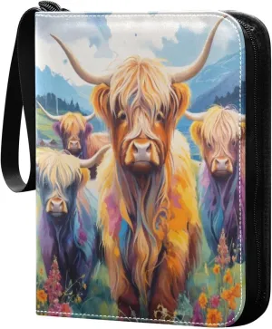 Colorful Highland Cattle Card Binder 4-Pocket, 400 Pockets Trading Cards Holder Games Card Albums Storage Organizer Case for Football, Baseball Cards