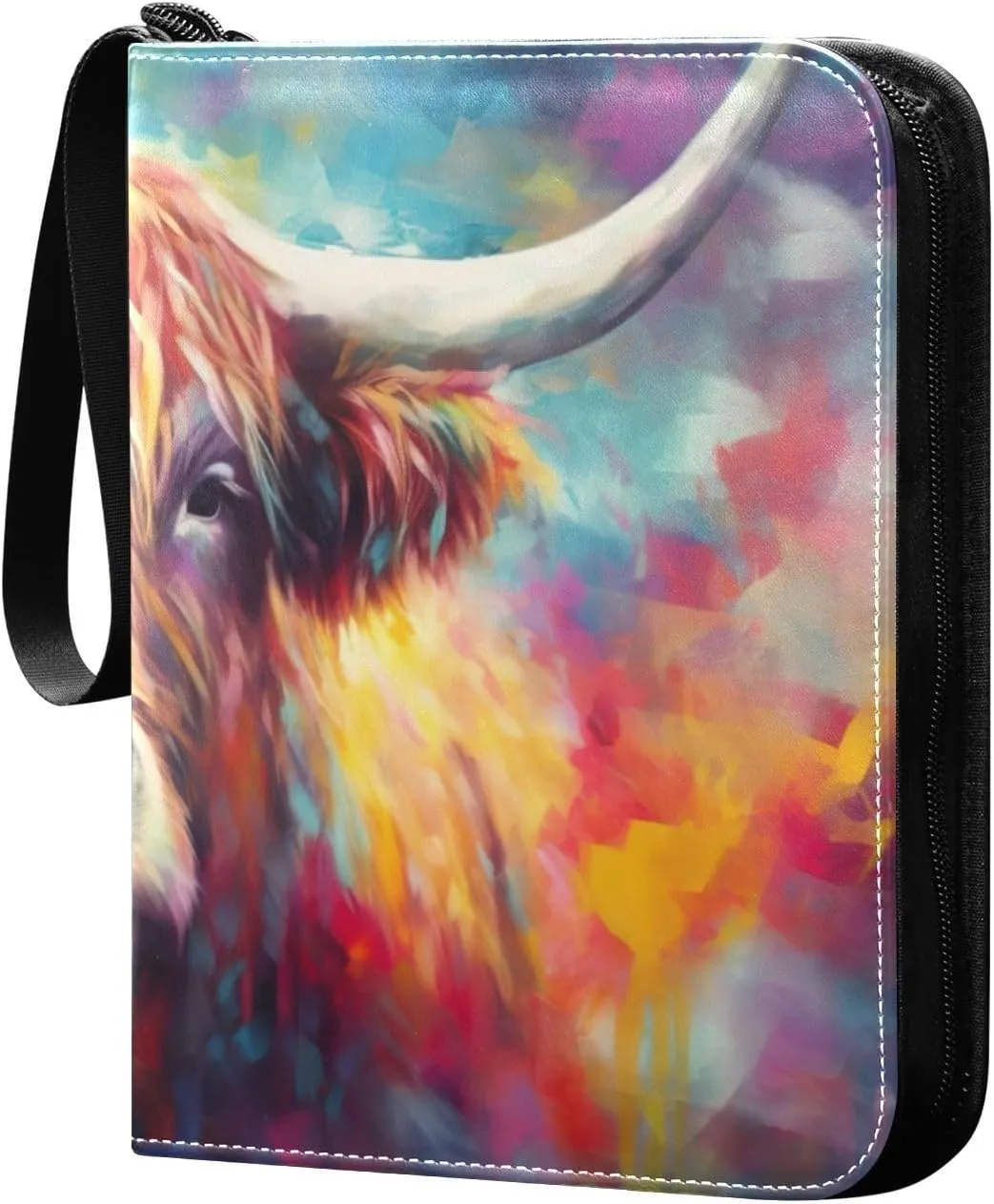 Colorful Highland Cow Collectible Trading Card Albums,4-Pocket Card Binder with 50 Removable Sleeves with Zipper Game Card Collection Binder Album Holder