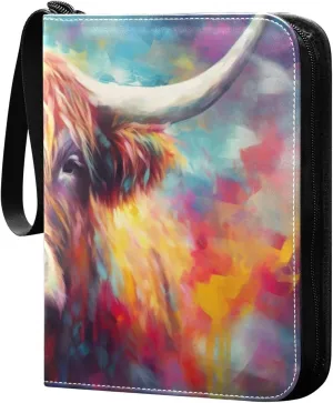 Colorful Highland Cow Collectible Trading Card Albums,4-Pocket Card Binder with 50 Removable Sleeves with Zipper Game Card Collection Binder Album Holder