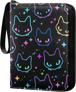 Colorful-neon-cat-heads 400 Pocket Card Collection Binder, PU Waterproof Wear-resistant Trading Card Binder with Zip for Collectible Boys Girls Game Sports Cards MTG TCG