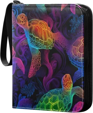 Colorful Sea Turtles Card Binder with 50 Removable Page Sleeves PU Leather Collectible Trading Card Albums Book with Zipper for Games Card,Baseball Cards